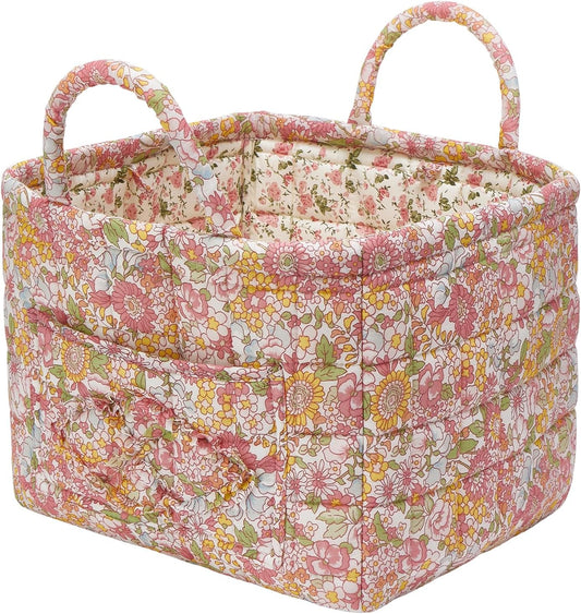 Quilted Fabric Storage Baskets with Handles, Boho Floral Gift Basket Foldable Organizer Bin for Home Decor, Picnic, Travel 12''x10''x10'' (Orange)