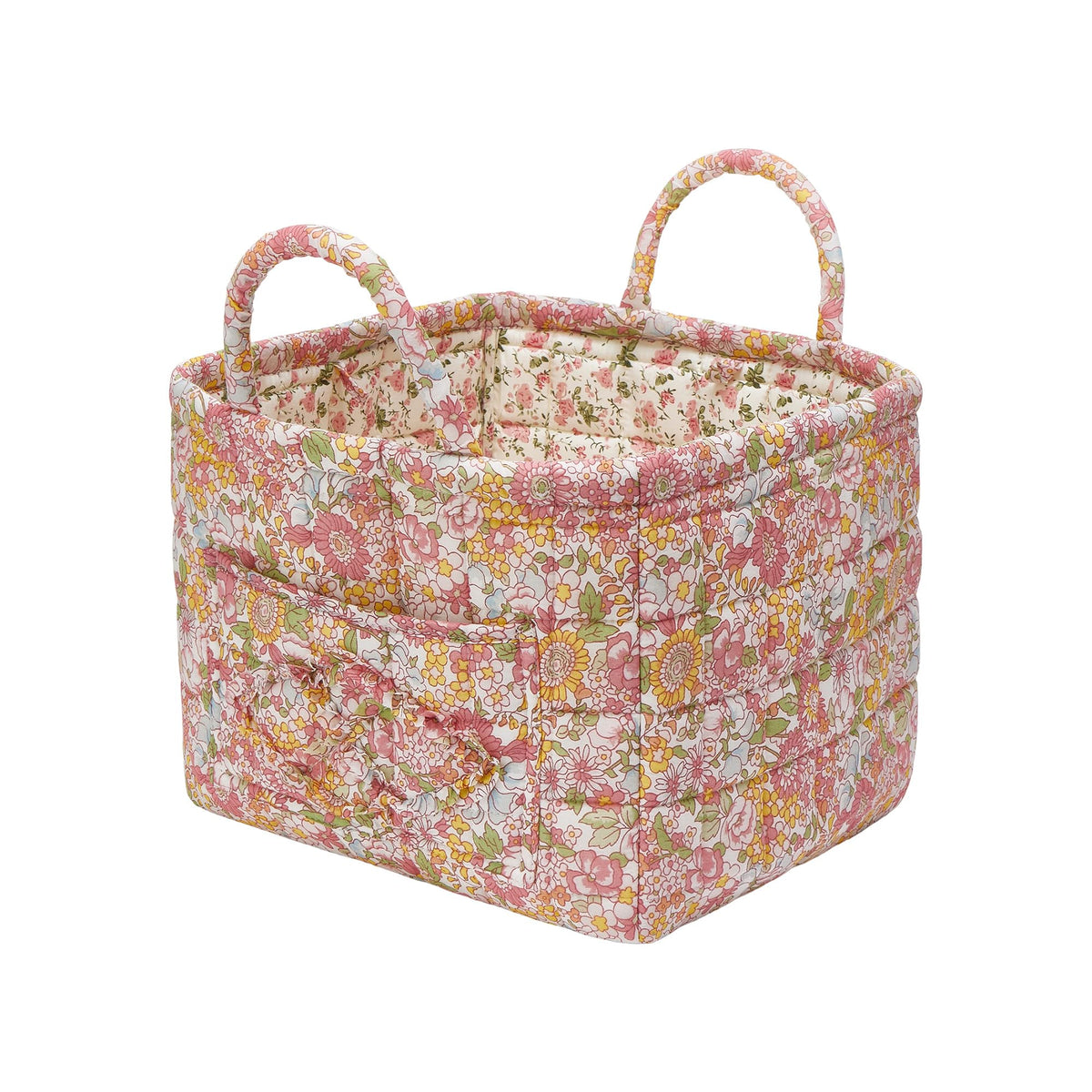 Quilted Fabric Storage Baskets with Handles, Boho Floral Gift Basket Foldable Organizer Bin for Home Decor, Picnic, Travel 12''x10''x10'' (Orange)