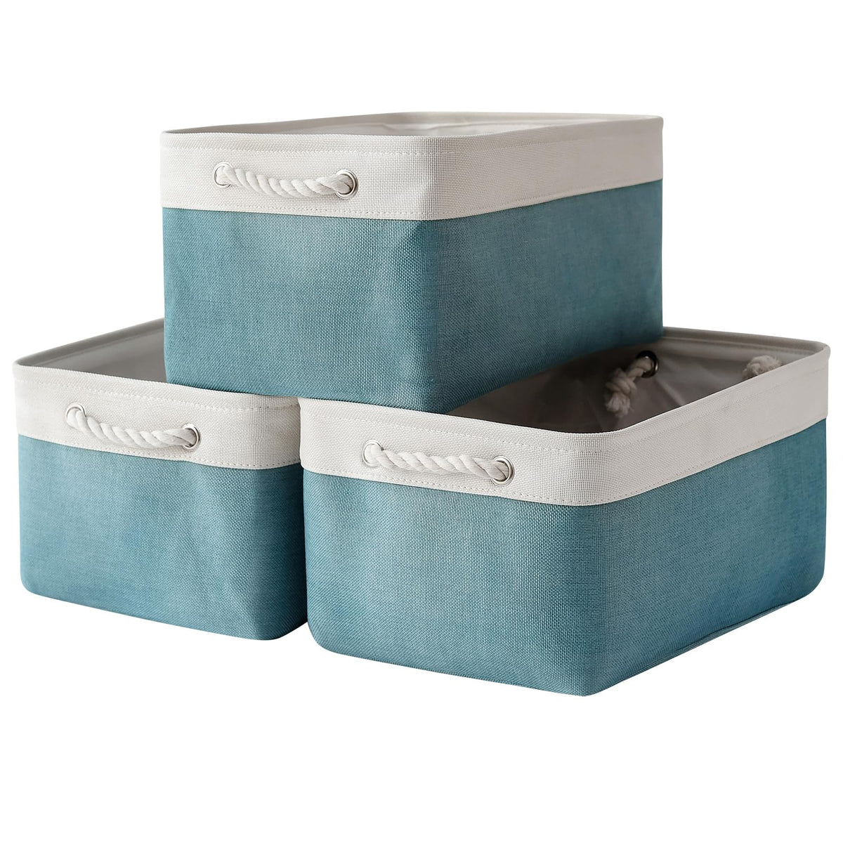 TheWarmHome Storage Basket for Organizing - 14x10x7 inch Medium 3 Pack Collapsible Storage Bin for Shelves with Handles, Canves Storage Box for Organizer Cubes Cloth Gift Toy Closet (White & Khaki)