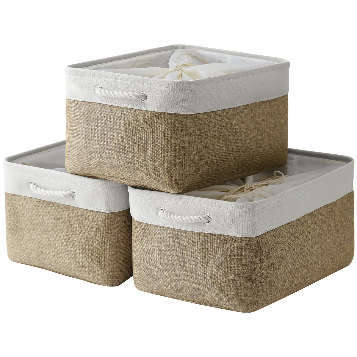TheWarmHome Storage Basket for Organizing - 14x10x7 inch Medium 3 Pack Collapsible Storage Bin for Shelves with Handles, Canves Storage Box for Organizer Cubes Cloth Gift Toy Closet (White & Khaki)