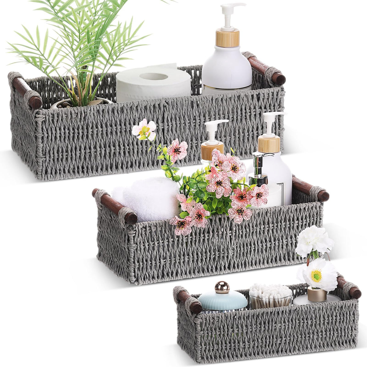 Boao 3 Pcs Boho Storage Wicker Baskets Handmade Woven Decorative Paper Rope Baskets for Organizing with Handle Countertop Toilet Paper Storage Container for Toilet Tank Top