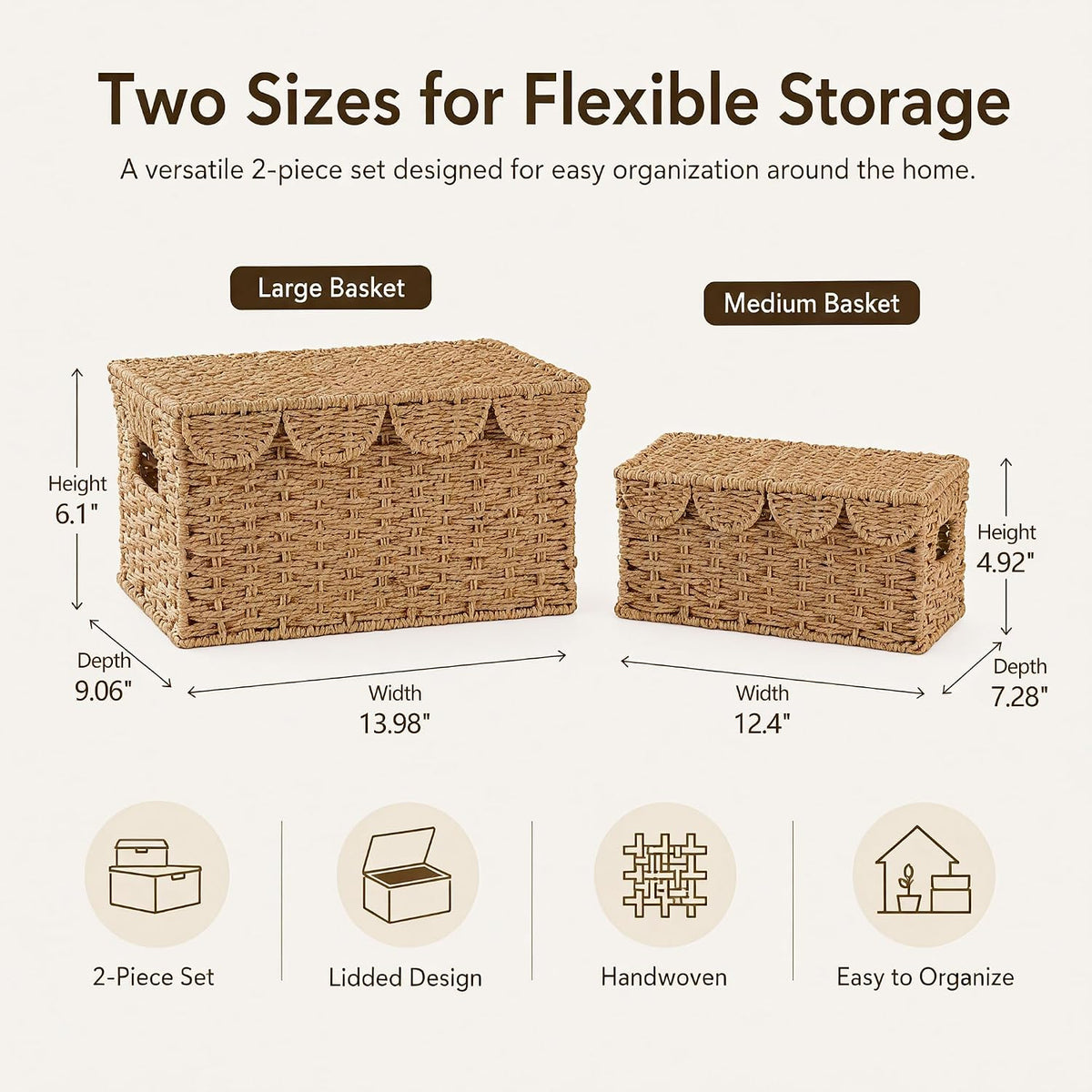 Set of 2 Scalloped Wicker Basket with Lid, Paper Rope Baskets for Shelves