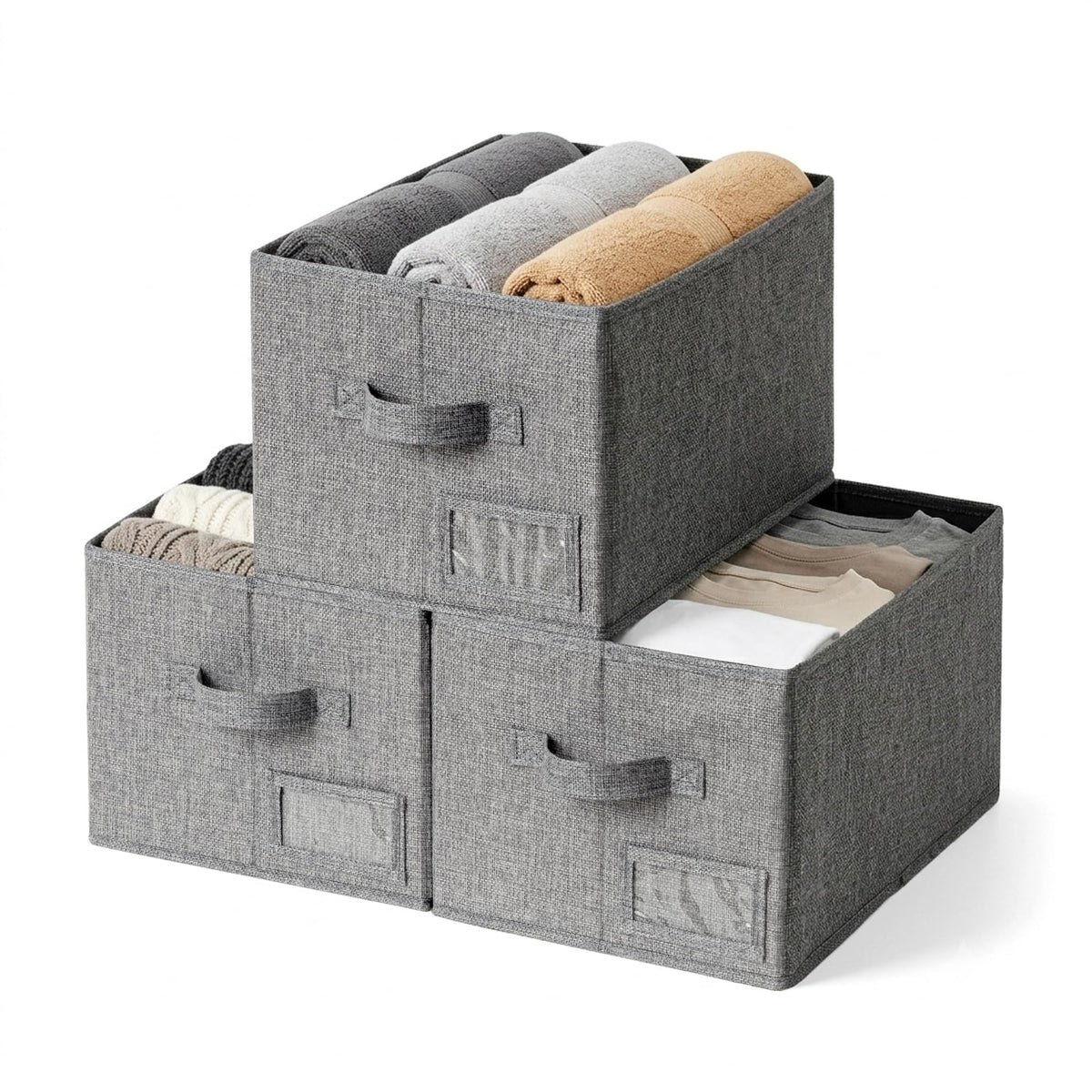 GRANNY SAYS Closet Shelf Baskets with Label, Khaki&Ivory, Large, 3-Pack
