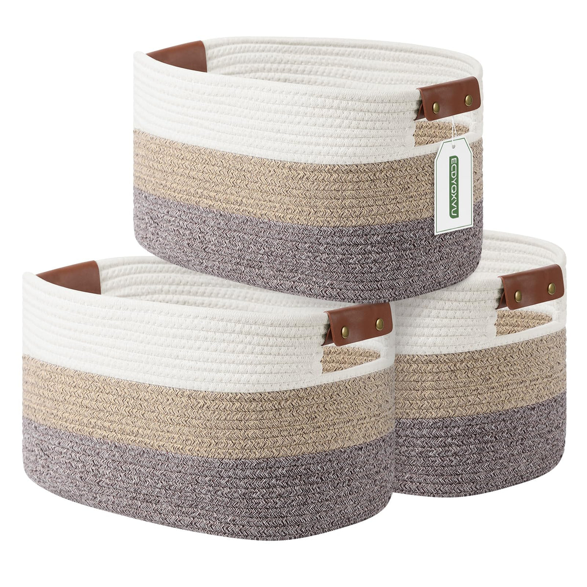 ECDYQXVU 15x10x9 Woven Cotton Rope Storage Basket, Leather Handles 1 Pack