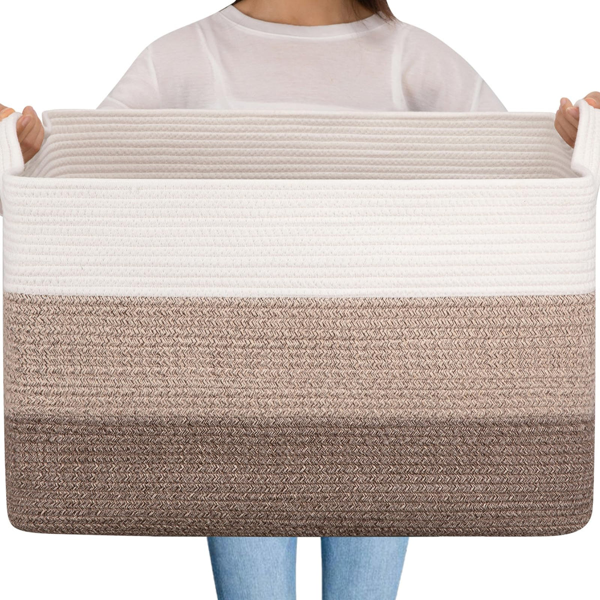 OIAHOMY Extra Large Blanket Basket, 110L Cotton Rope Woven Laundry Basket, Toy Bin for Baby Room, Container for Blanket Storage in Living Room, 24.8''×17.3''×15.8'', Gradient Grey
