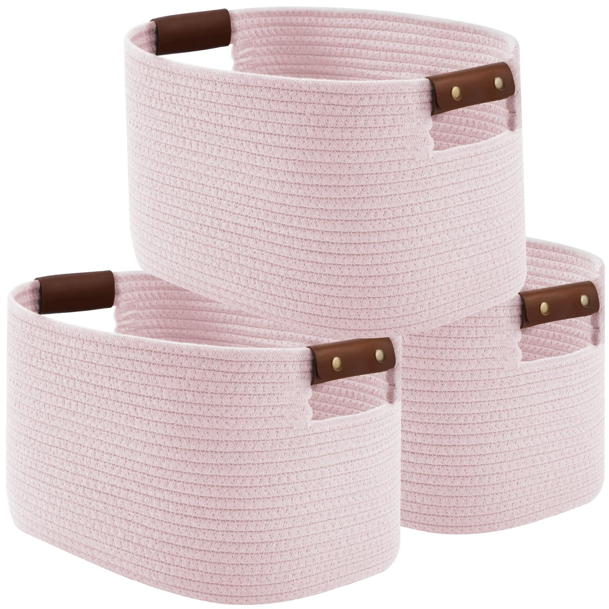 ECDYQXVU 15x10x9 Woven Cotton Rope Storage Basket, Leather Handles 1 Pack