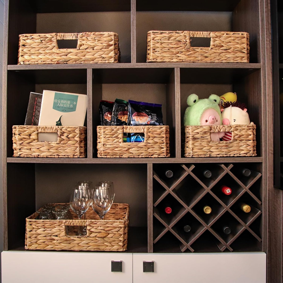 Rectangular Water Hyacinth Storage Baskets, Wicker Woven Shelves Baskets