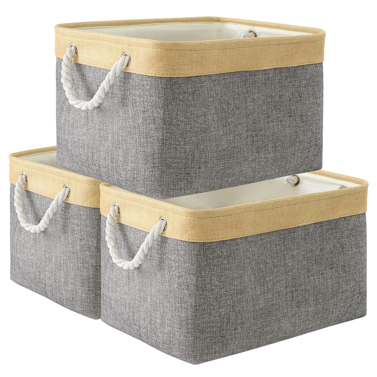 TheWarmHome Storage Basket for Organizing - 14x10x7 inch Medium 3 Pack Collapsible Storage Bin for Shelves with Handles, Canves Storage Box for Organizer Cubes Cloth Gift Toy Closet (White & Khaki)