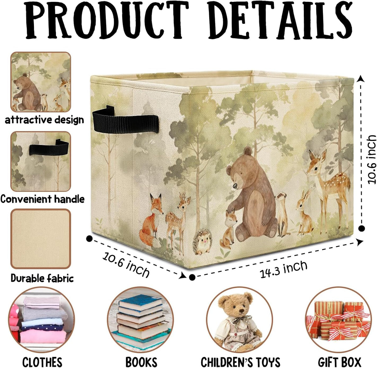 Forest Animal Nursery Storage Bins Box with Handles, Bear Deer Fox Bunny Woods Animal Laundry Basket Hamper Collapsible Clothes Toys Organizer for Toddler Kids Room Playroom