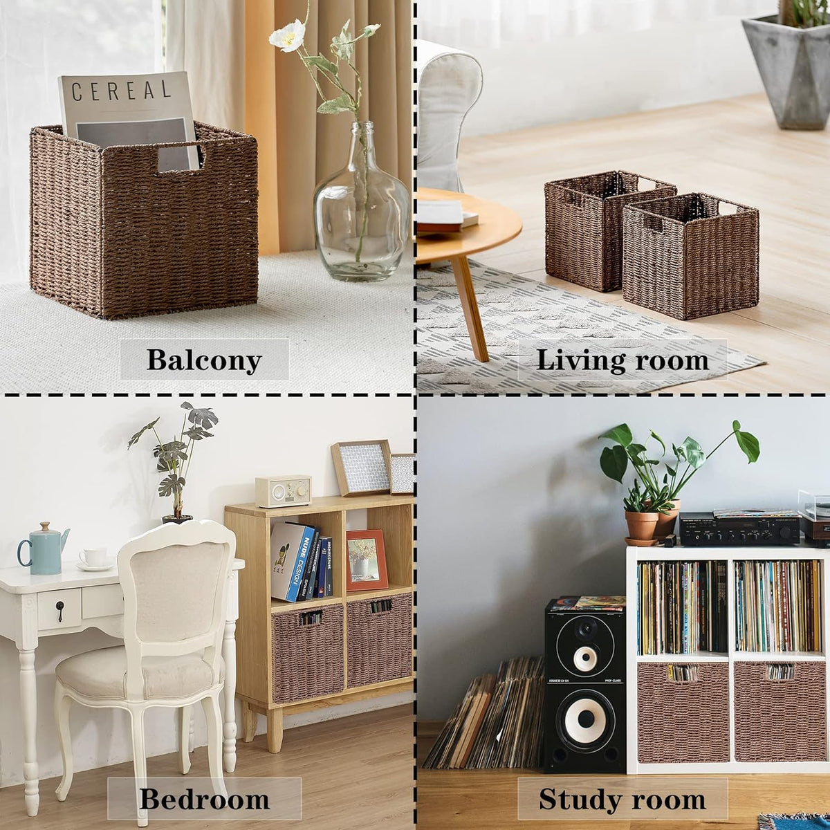 Vagusicc Wicker Basket, Set of 2 Hand-Woven Paper Rope Storage Baskets for Organizing, Foldable Cubby Storage Bins, 11 Inch Large Wicker Storage Basket, Square Baskets Cube Storage Organizer, Brown