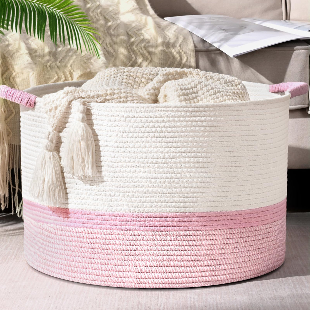 45L Blanket Basket, 17.5"x11.5" Woven Storage Baskets With Handle, Cotton Rope Blanket Basket Living Room, Baby Laundry Basket for Blanket, Nursery, Toy, Pillow (White & Brown)