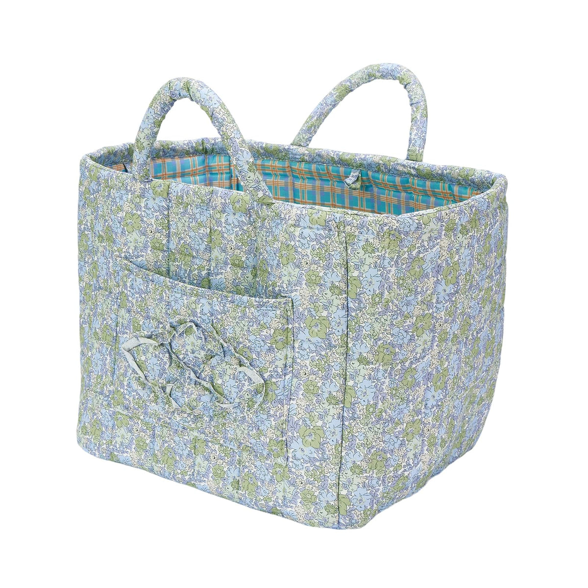 Boho Fabric Storage Basket Quilted Floral Print Baskets Organizer Bin with Handles for Home, Picnic, Shopping (Pink, L)