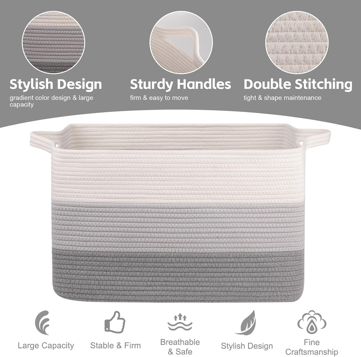 OIAHOMY Extra Large Blanket Basket, 110L Cotton Rope Woven Laundry Basket, Toy Bin for Baby Room, Container for Blanket Storage in Living Room, 24.8''×17.3''×15.8'', Gradient Grey