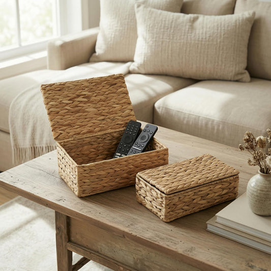Decorative Storage Boxes with Lids - Set of 2 Wicker Organizer Shelf Bins