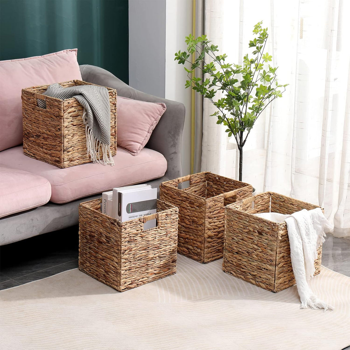 12x12in Storage Baskets 4 Pcs Water Hyacinth Basket,Foldable Storage Cubes