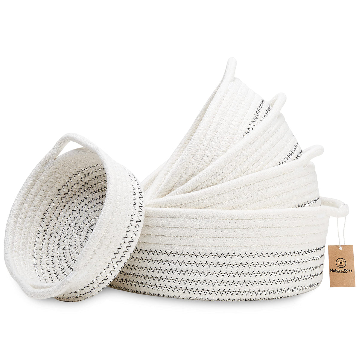5-Piece Round Woven Cotton Rope Storage Baskets for Organizing, Small Shallow Nesting Set for Montessori Toys, Entryway Catchall, Fruit Bowl, Key Tray, Remote Holder, Nursery & Pet Toys