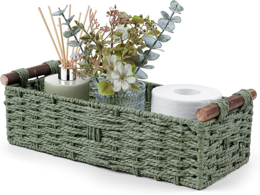Round Paper Rope Storage Basket Wicker Baskets for Organizing with Handle Decorative Storage Bins for Countertop Toilet Paper Basket for Toilet Tank Top Small Baskets Set,Green