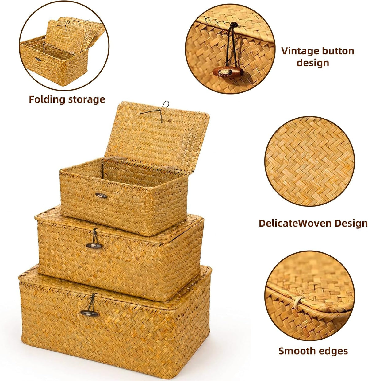 Yesland Small Shelf Baskets with Lid Set of 3, Compact Handwoven Seagrass Storage Bins Rectangular Wicker Basket for Shelf Organizer, Closet, Desktop