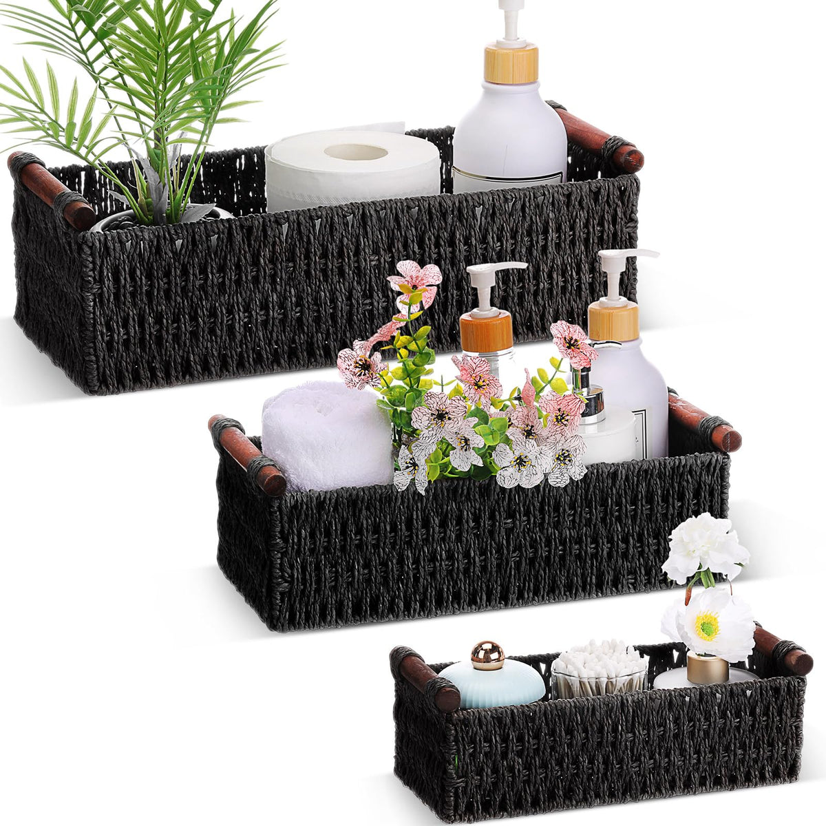 Boao 3 Pcs Boho Storage Wicker Baskets Handmade Woven Decorative Paper Rope Baskets for Organizing with Handle Countertop Toilet Paper Storage Container for Toilet Tank Top