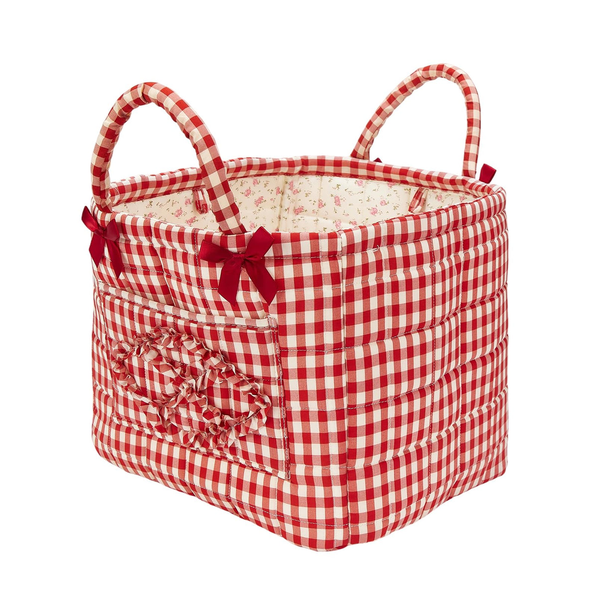 Boho Fabric Storage Basket Quilted Floral Print Baskets Organizer Bin with Handles for Home, Picnic, Shopping (Pink, L)