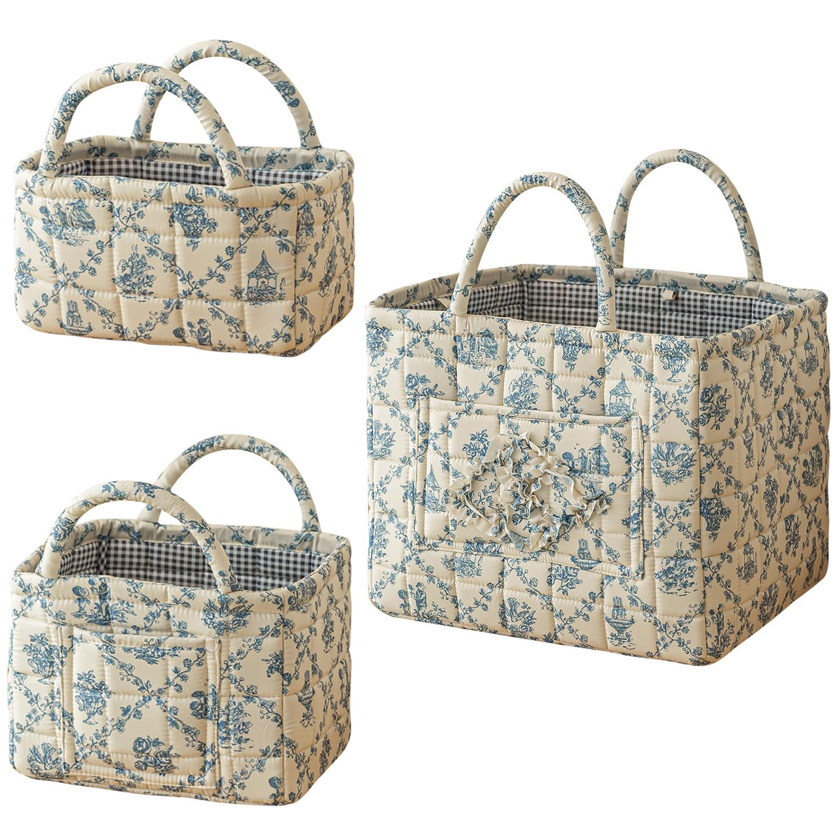 vctops 3 Packs Boho Quilted Storage Basket for Organizing, Floral Basket Organizer Gift Baskets with Handles, Storage Bins for Toys, Books, Towels, and Clothes, Collapsible Fabric(Pattern C)