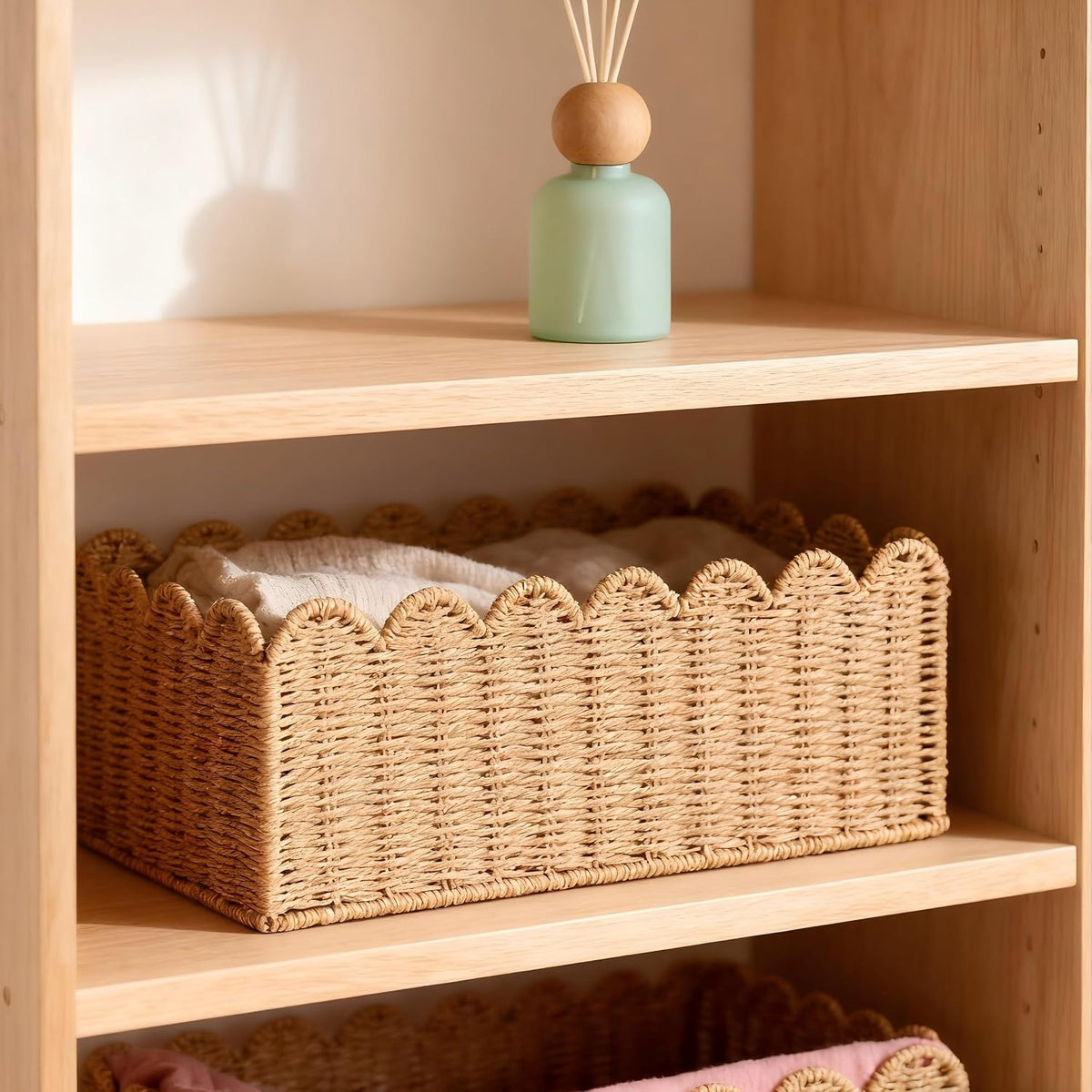 Scalloped Basket, Wicker Storage Baskets, Hand Woven Baskets for Shelves,Natural Baskets for Organizing (M-14" L x 10.5" W x 6" H)