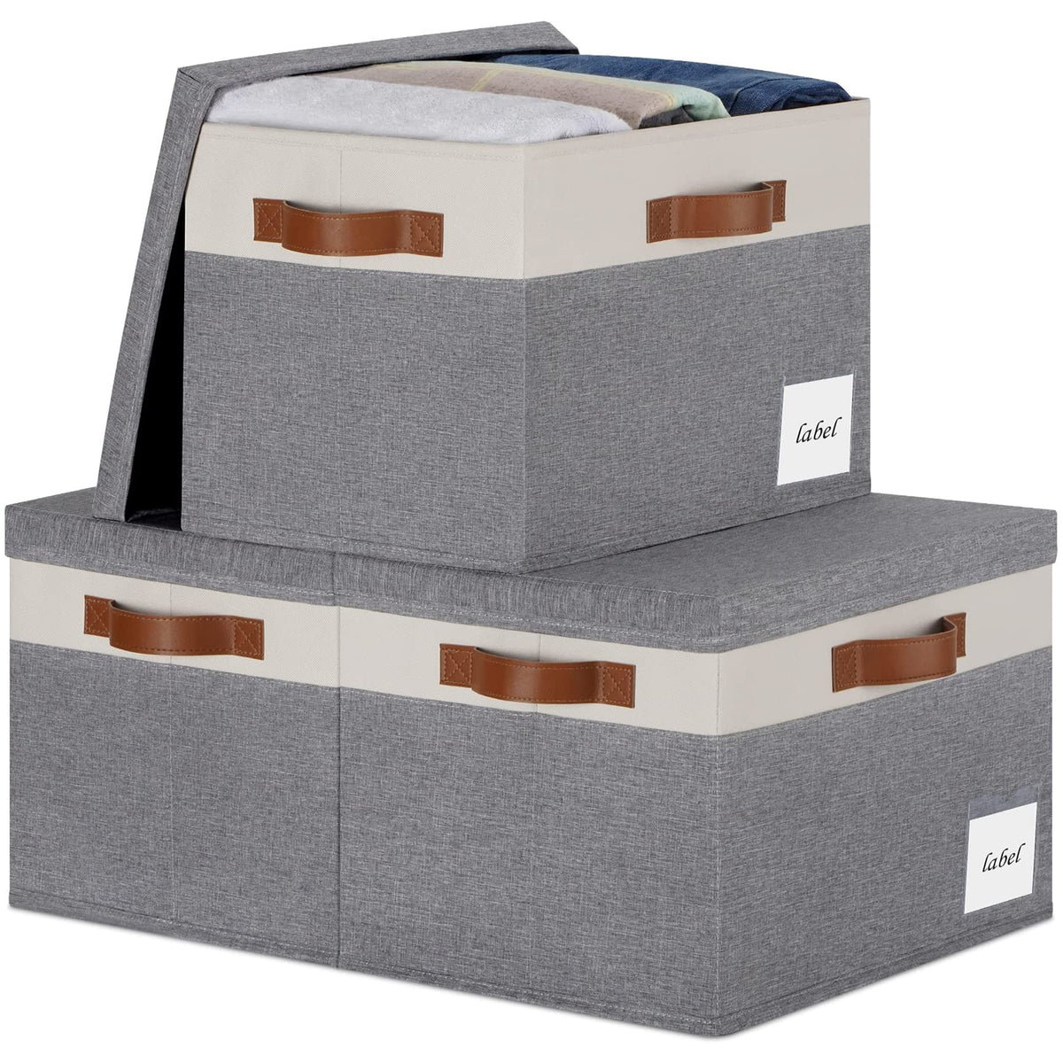 Large Storage Bins with Lids, Foldable Fabric Storage Baskets with Lids, Sturdy Storage Boxes with Labels and 3 PU Handles for Closet Home Bedroom Office (26L, 3 Packs, Grey&Black)