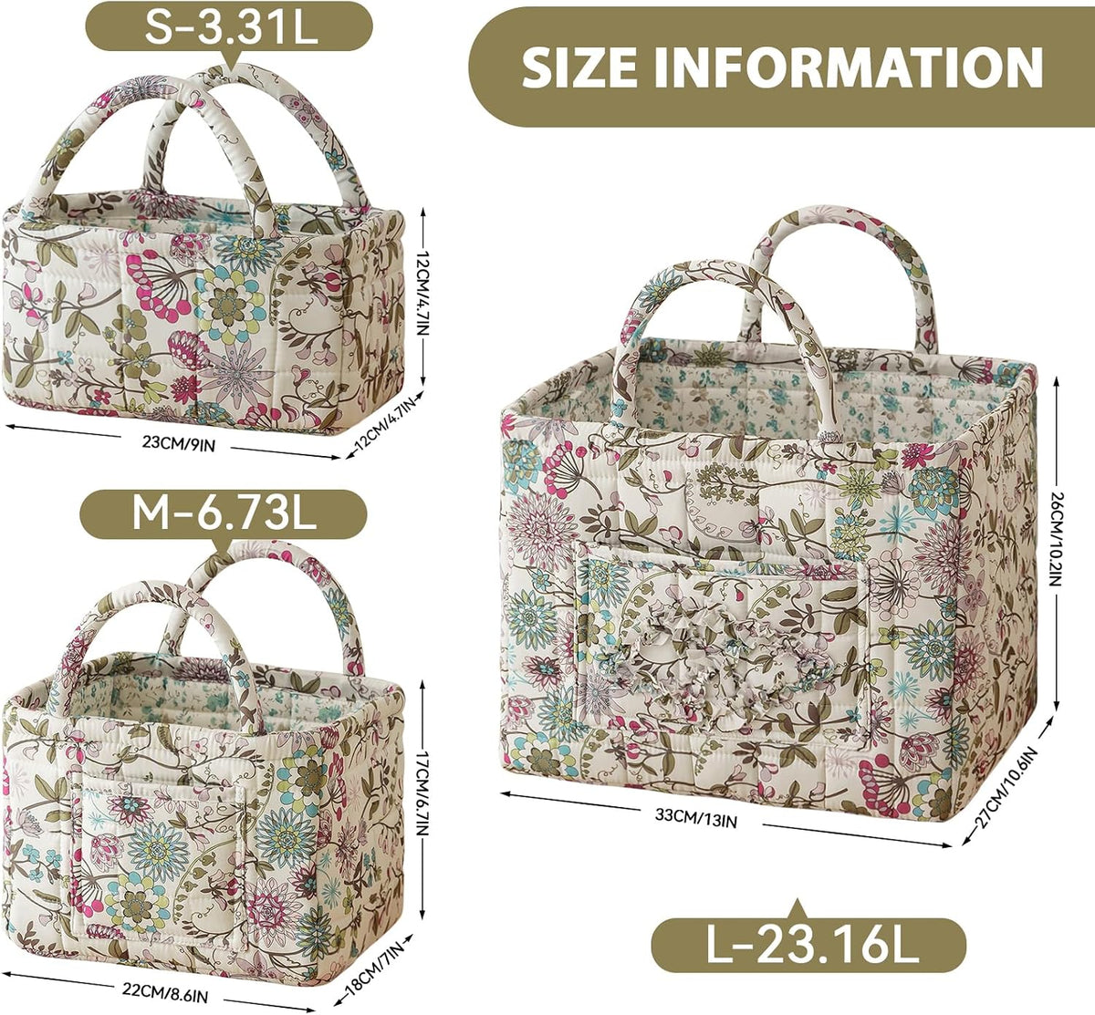 vctops 3 Packs Boho Quilted Storage Basket for Organizing, Floral Basket Organizer Gift Baskets with Handles, Storage Bins for Toys, Books, Towels, and Clothes, Collapsible Fabric(Pattern C)