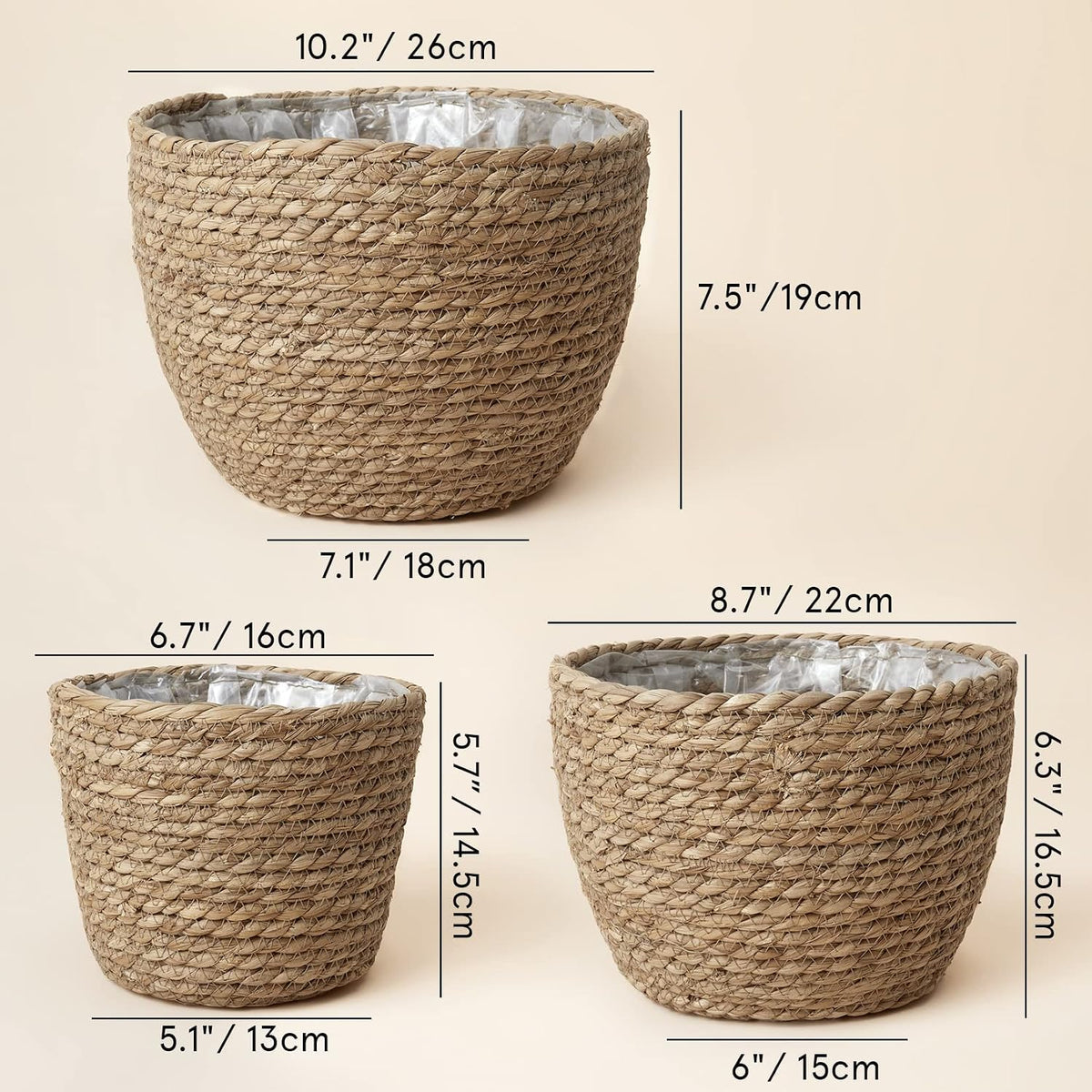 LA JOLIE MUSE Seagrass Basket Planters for Indoor Plants, Flower Pot 3 Pack