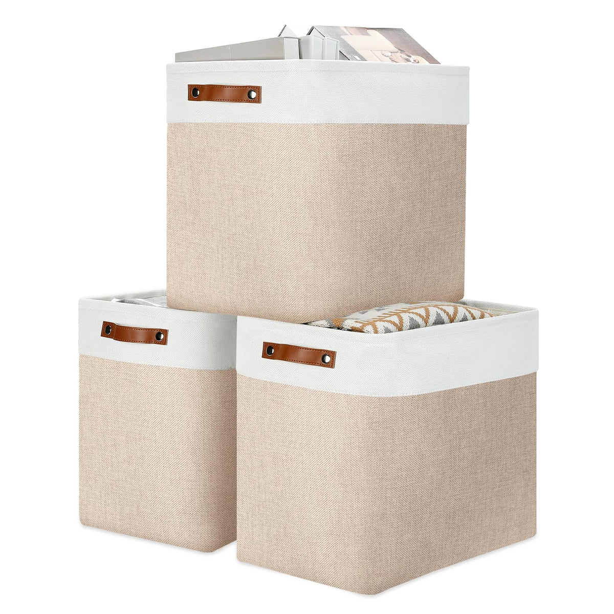 DULLEMELO Small Storage Bins, Storage Baskets for Organizing, Collapsible Rectangular Fabric Baskets for Shelves, Closets, Nursery, Home, Office, Empty Gift Baskets (6-Pack, White&Khaki)