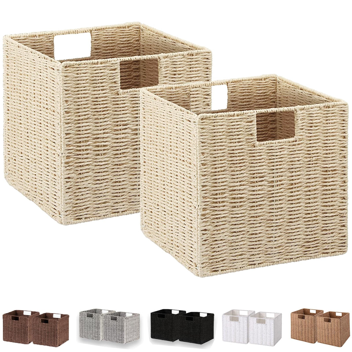 Vagusicc Wicker Basket, Set of 2 Hand-Woven Paper Rope Storage Baskets for Organizing, Foldable Cubby Storage Bins, 11 Inch Large Wicker Storage Basket, Square Baskets Cube Storage Organizer, Brown