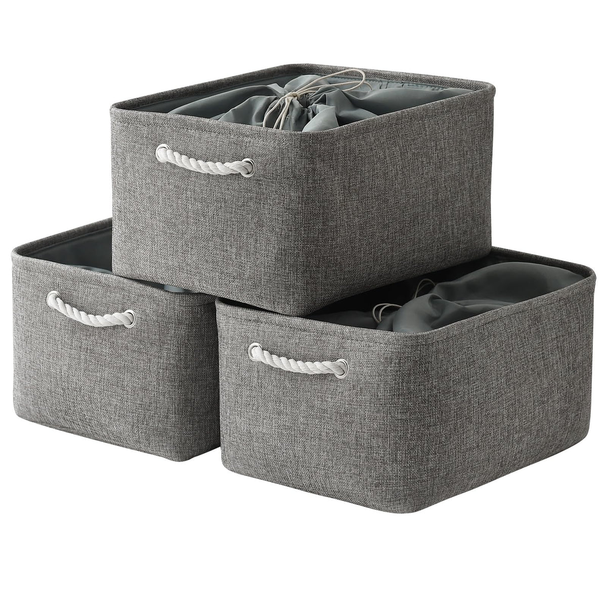 TheWarmHome Storage Basket for Organizing - 14x10x7 inch Medium 3 Pack Collapsible Storage Bin for Shelves with Handles, Canves Storage Box for Organizer Cubes Cloth Gift Toy Closet (White & Khaki)