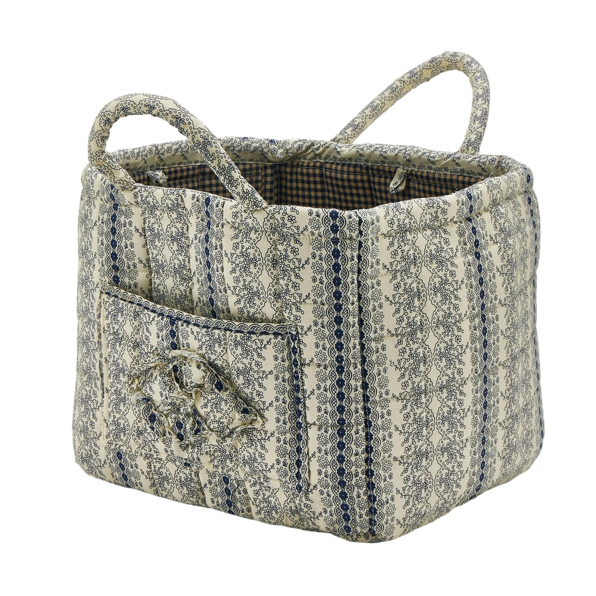 Quilted Fabric Storage Basket with Handles & Pocket, Foldable Laundry Hamper Boho Floral Print Organizer Bin for Home, Picnic, Office 12"x10"x10" (B-2)
