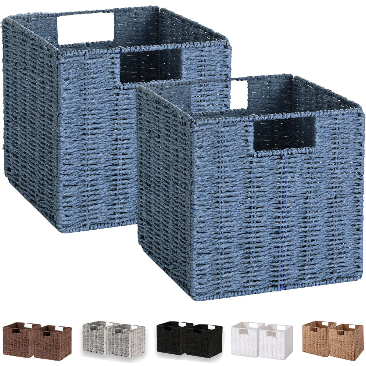 Vagusicc Wicker Basket, Set of 2 Hand-Woven Paper Rope Storage Baskets for Organizing, Foldable Cubby Storage Bins, 11 Inch Large Wicker Storage Basket, Square Baskets Cube Storage Organizer, Brown