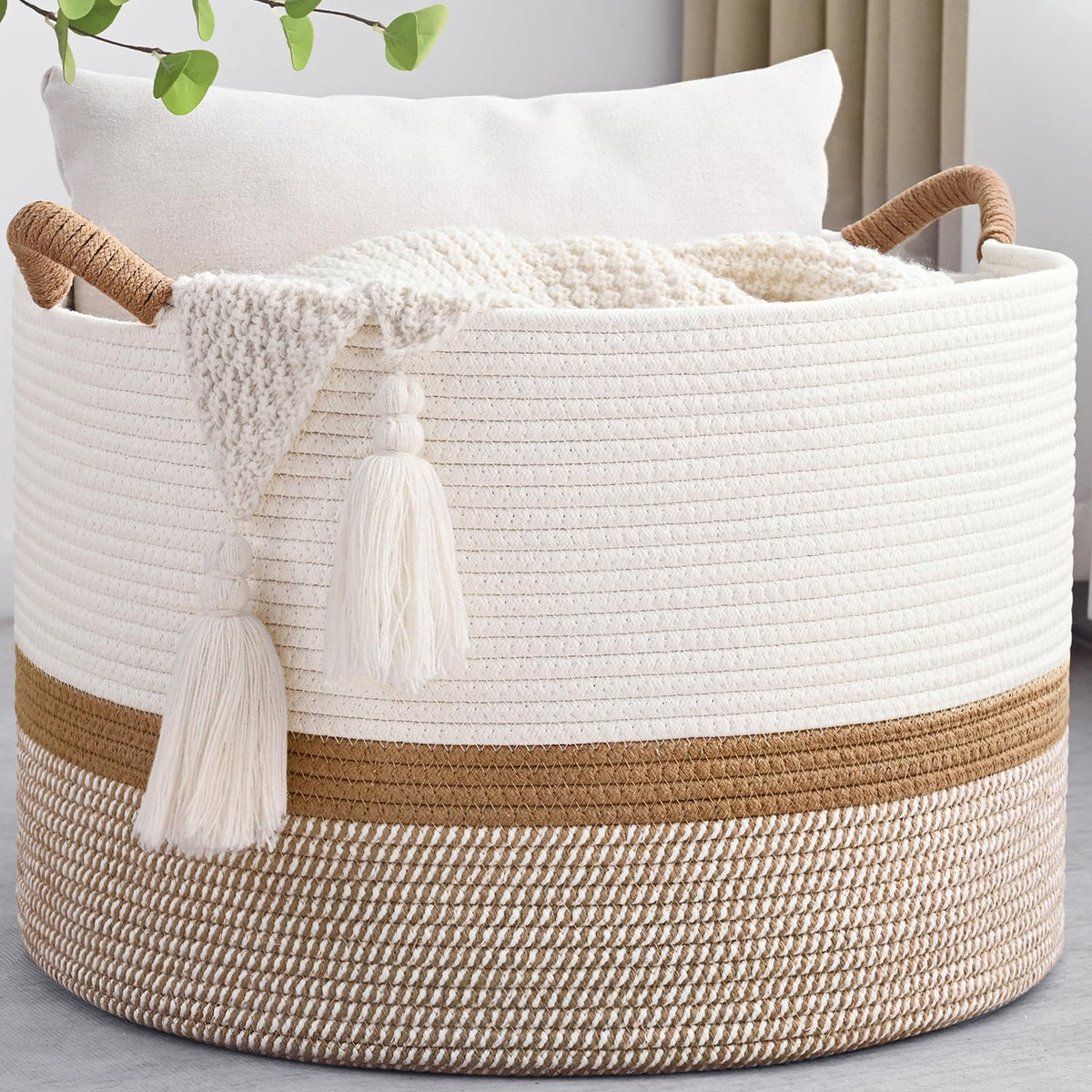 45L Blanket Basket, 17.5"x11.5" Woven Storage Baskets With Handle, Cotton Rope Blanket Basket Living Room, Baby Laundry Basket for Blanket, Nursery, Toy, Pillow (White & Brown)