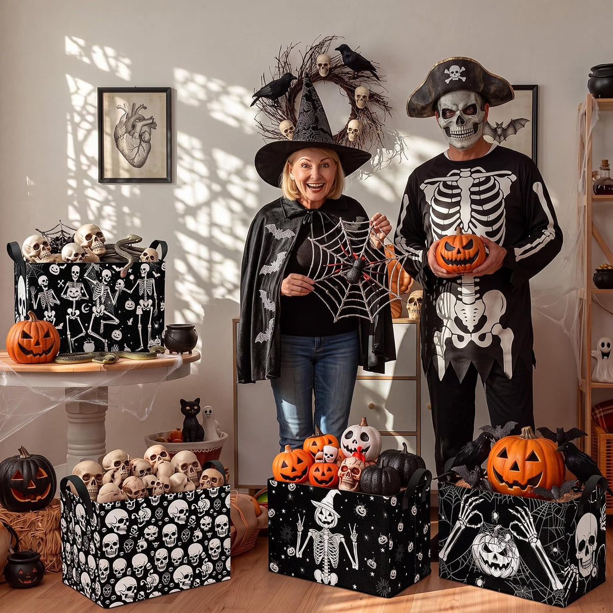 4 Pcs Halloween Storage Basket for Gifts Large Spooky Skeleton Storage Bins with Handles 15 x 10 x 8 Fabric Laundry Baskets Halloween Skull Collapsible Organizer Boxes for Home Cloth Toys Book