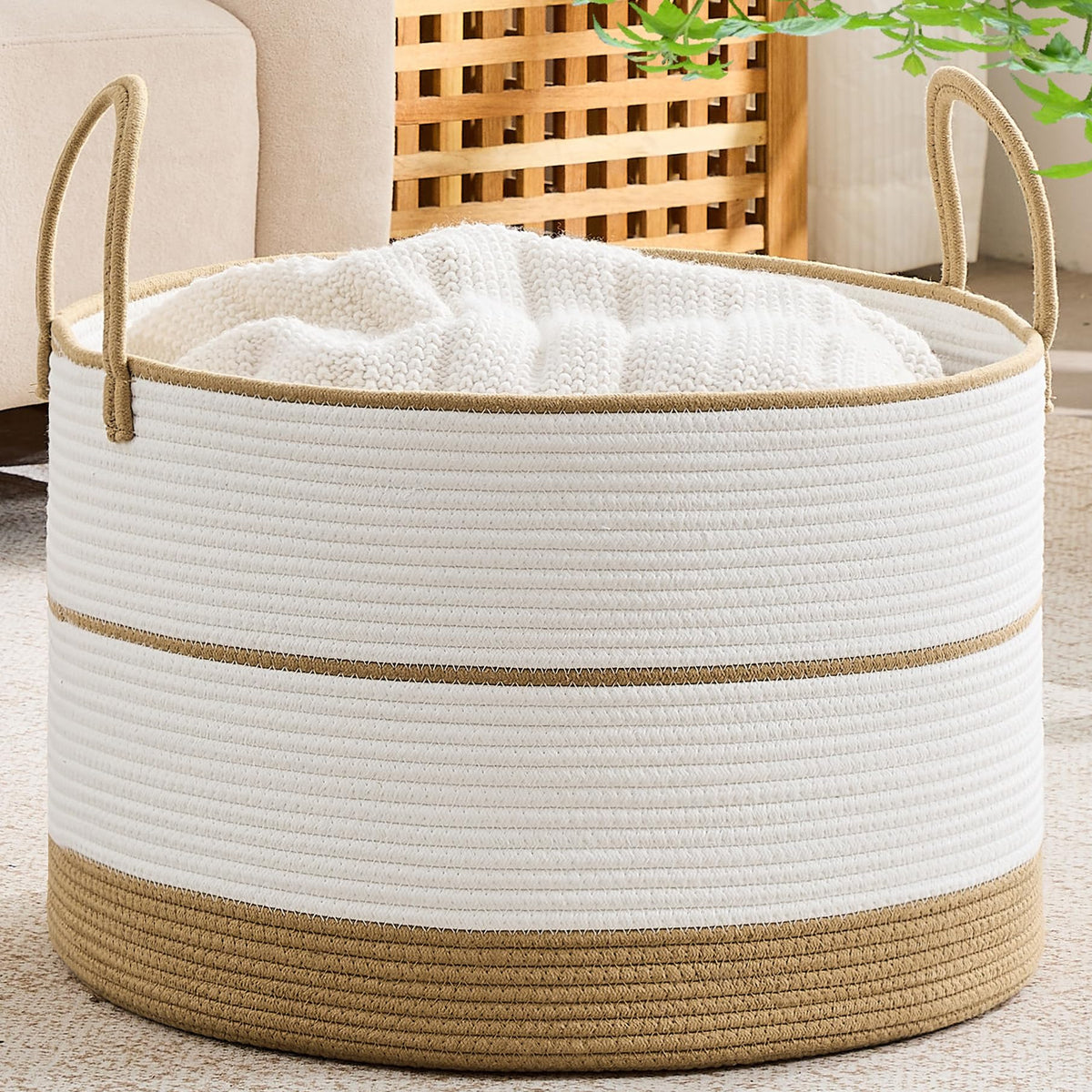 KAKAMAY Large Blanket Basket with Handles, Storage Basket for Living Room