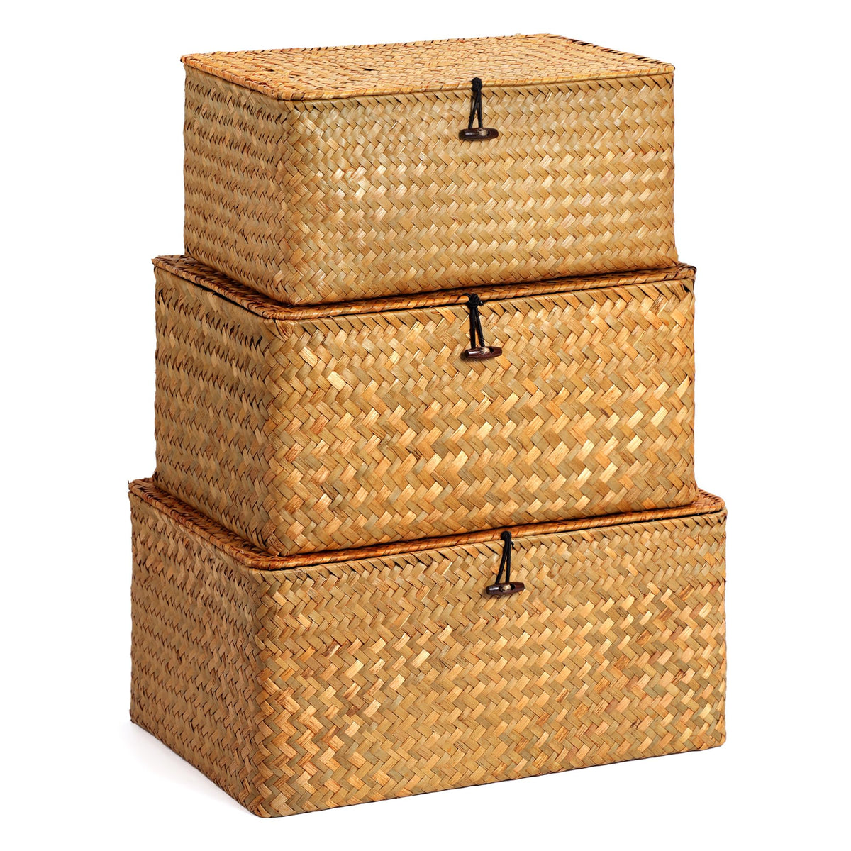 Nonam Wicker Storage Basket with Lid,Seagrass Shelf Basket Set of 3,Nautral