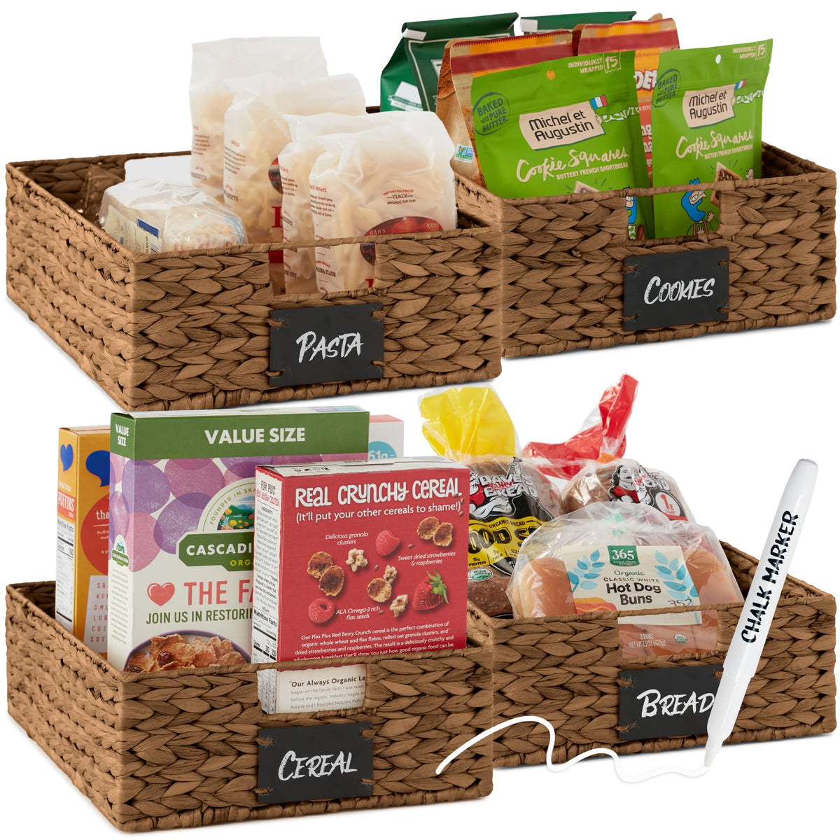 Best Choice Products Set of 4 9x12in Water Hyacinth Pantry Baskets, Woven Organizers w/Chalkboard Label, Chalk Marker - Natural