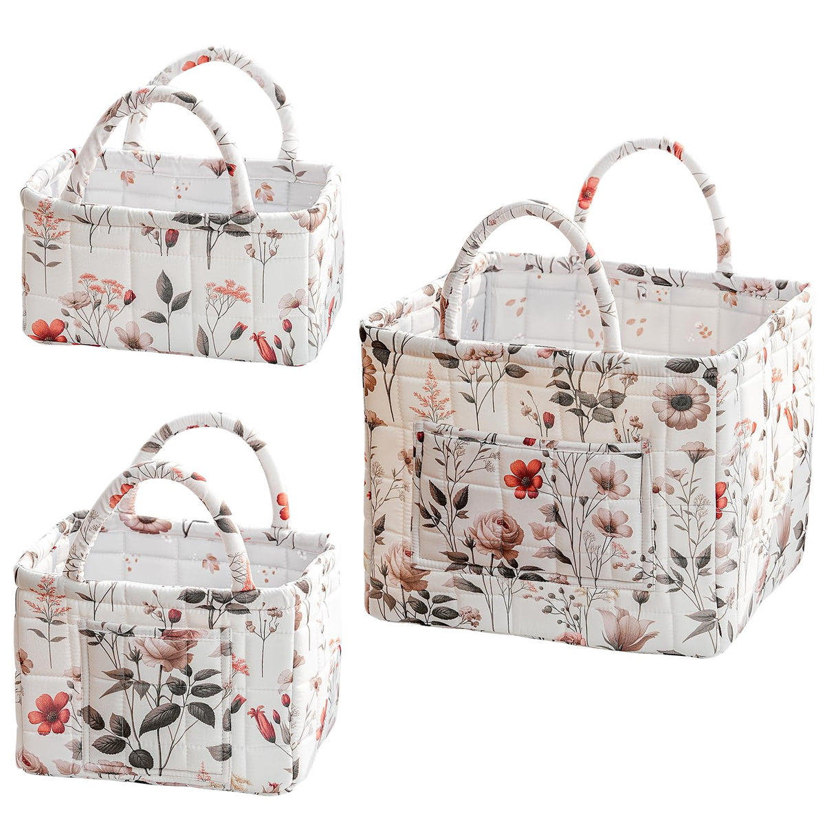 vctops 3 Packs Boho Quilted Storage Basket for Organizing, Floral Basket Organizer Gift Baskets with Handles, Storage Bins for Toys, Books, Towels, and Clothes, Collapsible Fabric(Pattern C)