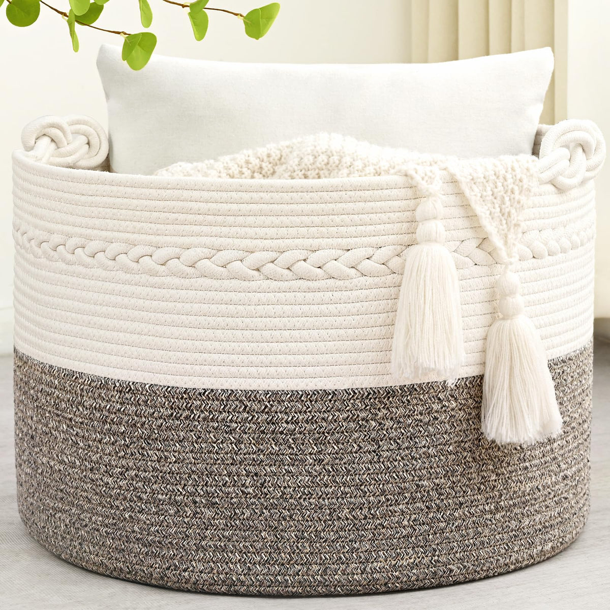 45L Blanket Basket, 17.5"x11.5" Woven Storage Baskets With Handle, Cotton Rope Blanket Basket Living Room, Baby Laundry Basket for Blanket, Nursery, Toy, Pillow (White & Brown)