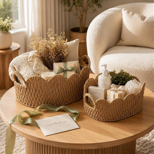 Endymion Set of 2 Paper Rope Scalloped Basket, Wicker Storage Baskets