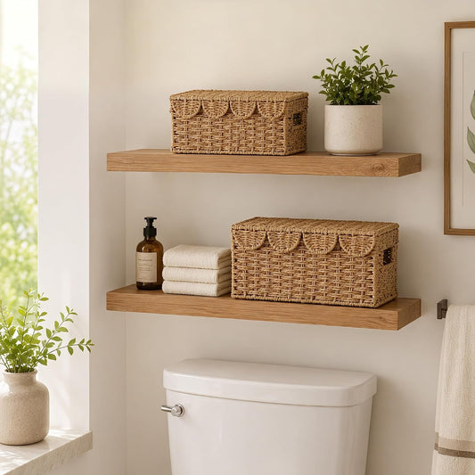 Set of 2 Scalloped Wicker Basket with Lid, Paper Rope Baskets for Shelves