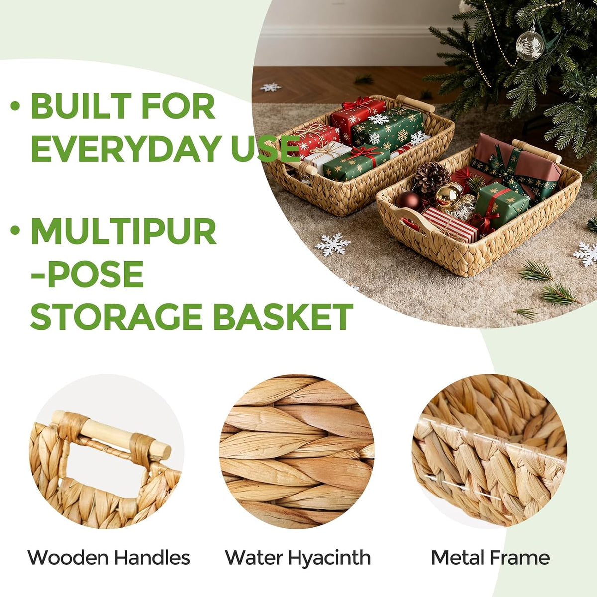 Wicker Baskets with Wooden Handles, Large Water Hyacinth Storage Baskets