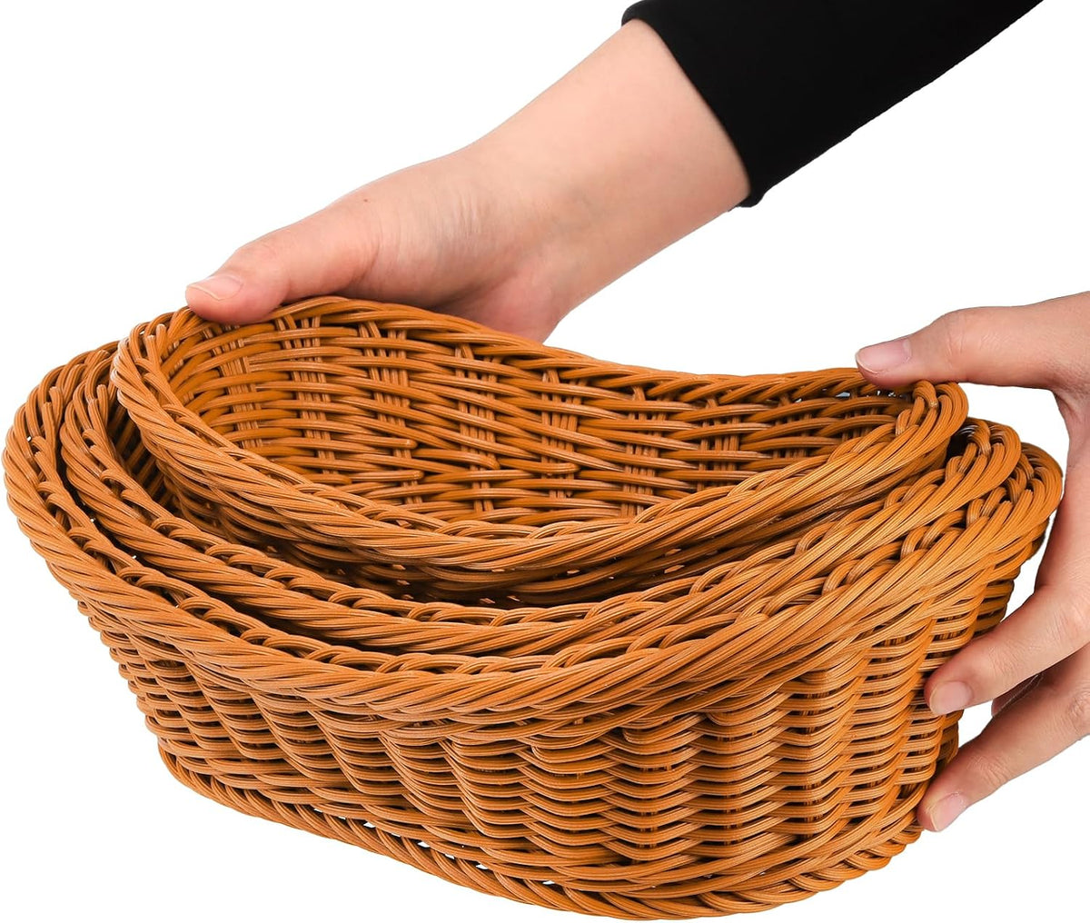 Yarlung 3 Pack Small Woven Breads Baskets, Oval Fruit Baskets Stackable Plastic Wicker Basket for Serving Vegetables, Kitchen, Restaurant, Outdoor, Imitation Rattan Brown, 3 Sizes