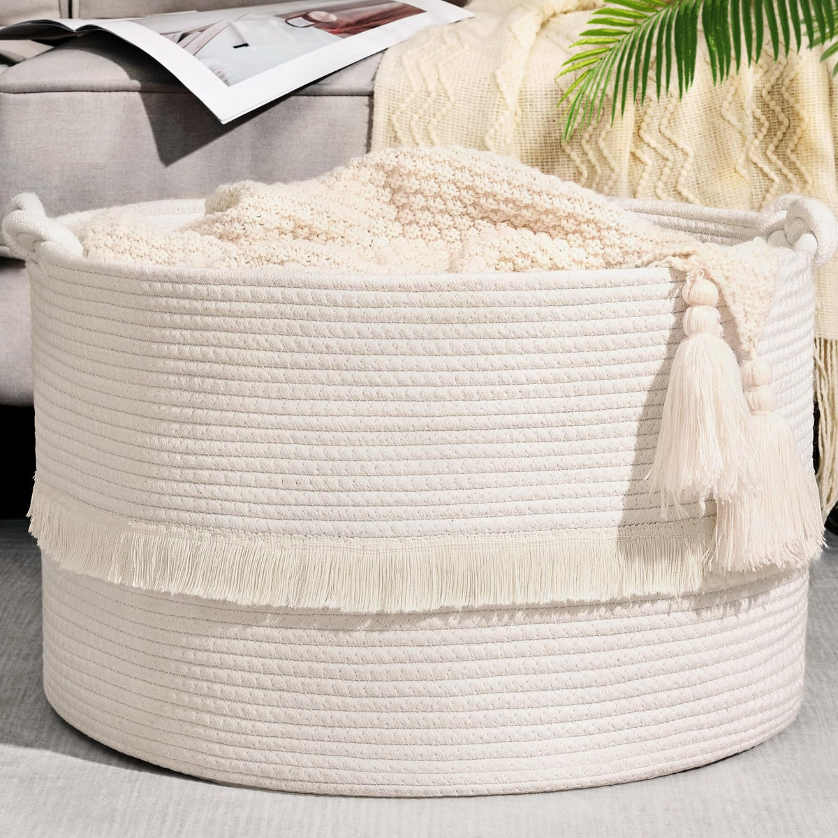45L Blanket Basket, 17.5"x11.5" Woven Storage Baskets With Handle, Cotton Rope Blanket Basket Living Room, Baby Laundry Basket for Blanket, Nursery, Toy, Pillow (White & Brown)