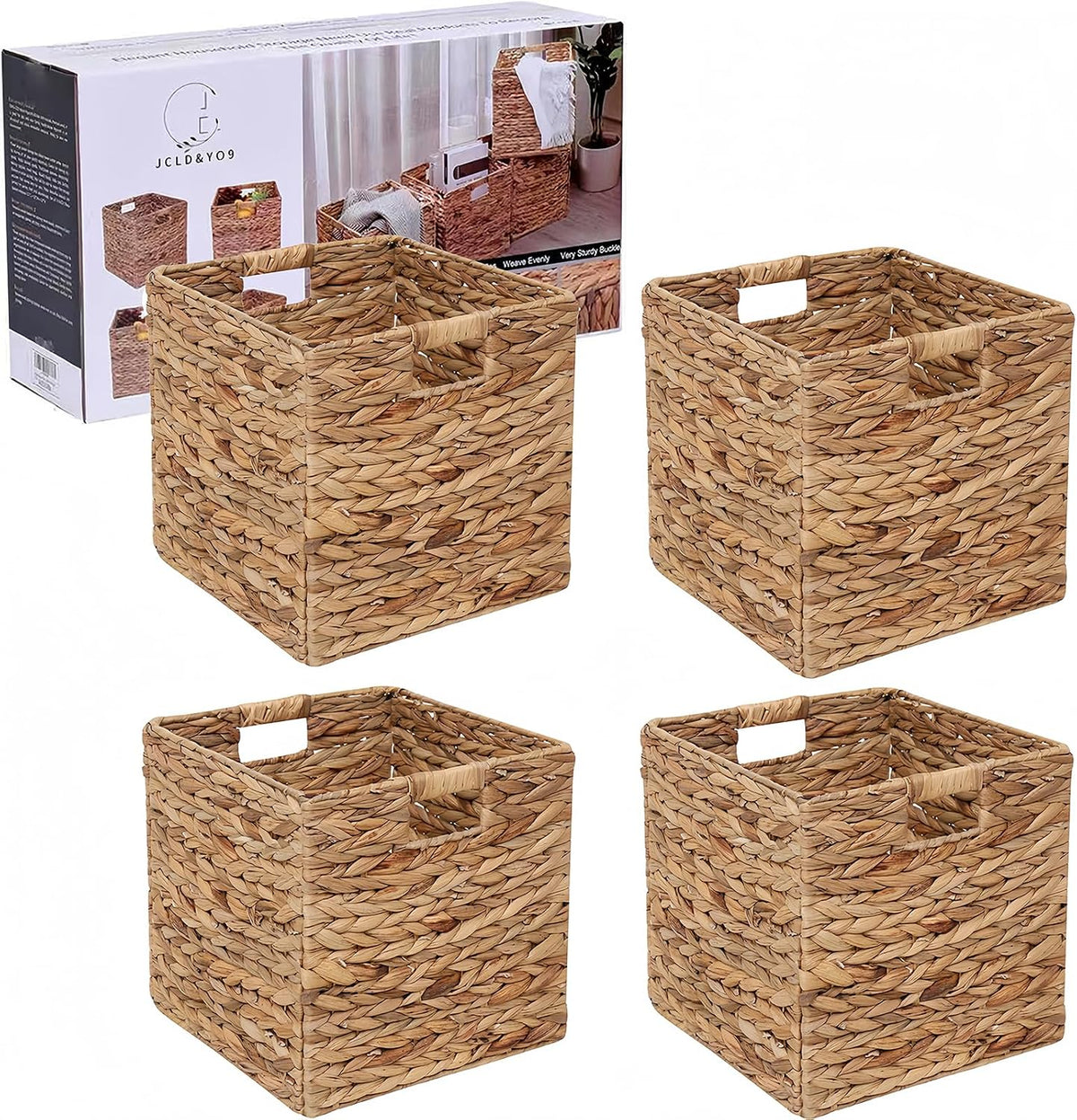 12x12in Storage Baskets 4 Pcs Water Hyacinth Basket,Foldable Storage Cubes