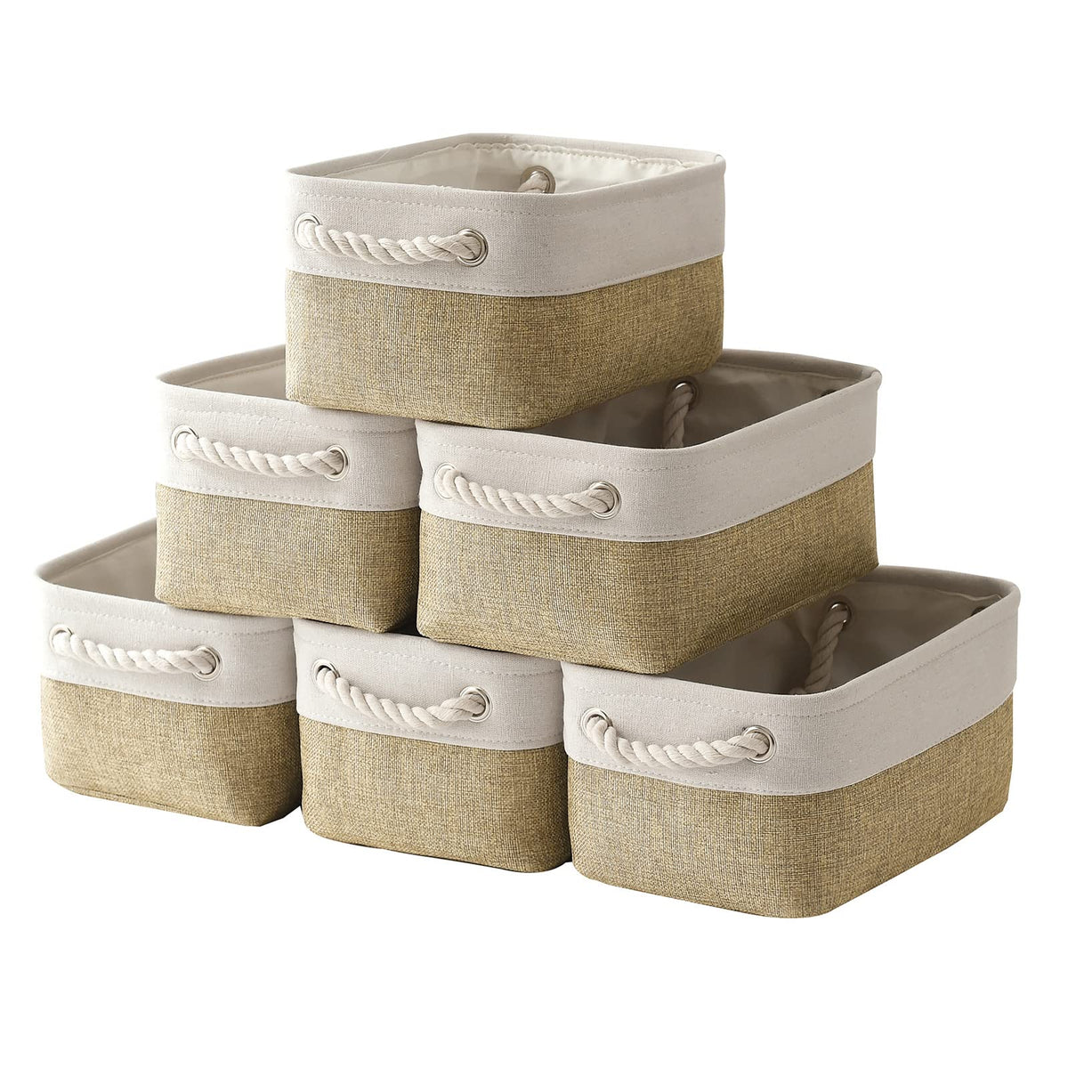 TheWarmHome Storage Basket for Organizing - 14x10x7 inch Medium 3 Pack Collapsible Storage Bin for Shelves with Handles, Canves Storage Box for Organizer Cubes Cloth Gift Toy Closet (White & Khaki)