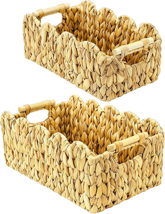 2Pack Scalloped Edge Wicker Basket,Hand-Woven Rattan Baskets with Wooden Handles,Natural Water Hyacinth Basket for Laundry,Shelves,Decorative Basket