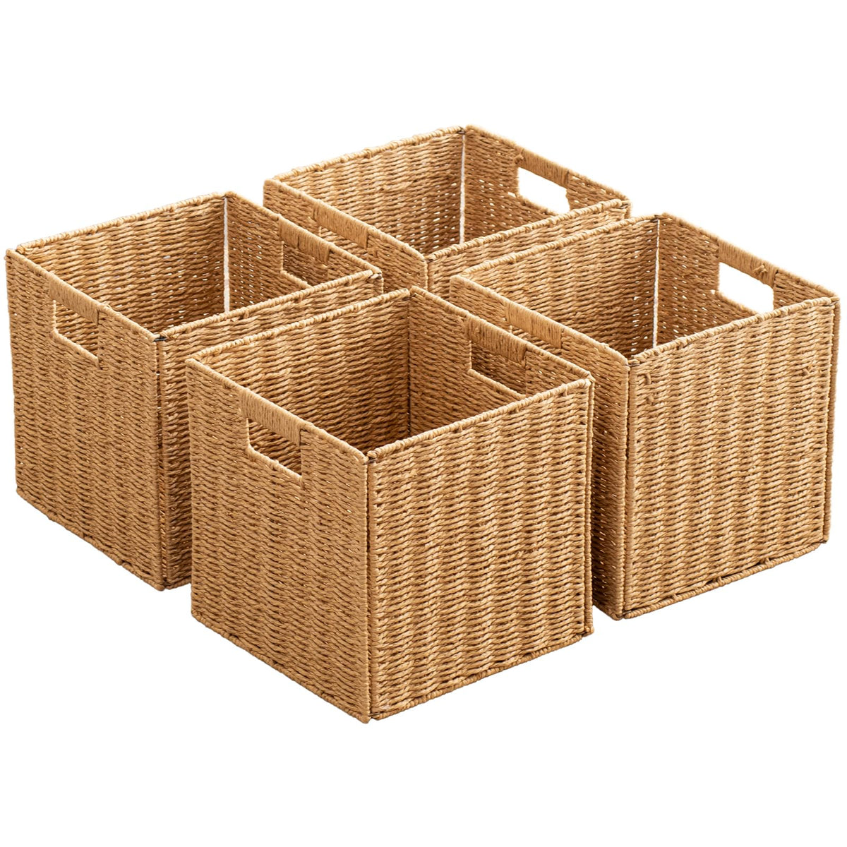 Foldable Storage Baskets with Handles Paper Rope Storage Baskets Rectangle Collapsible Hand Woven Storage Cubes Bins for Organizing Shelves Living Room Bedroom Pantry (4, 11'' x 11'' x 11'')